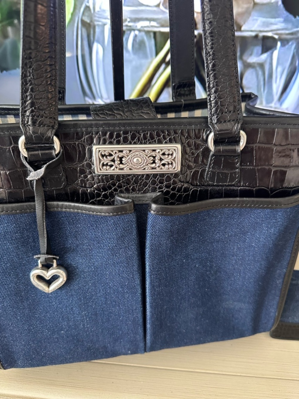 Brighton💙 “Lindsay “ Dark Blue Denim!Black Croc/Leather Tote & Wallet- Vintage - Picture 2 of 13